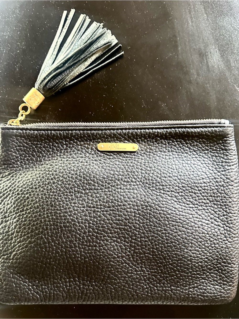 GiGi New York Black Pebbled Leather Tassel Zip Pouch